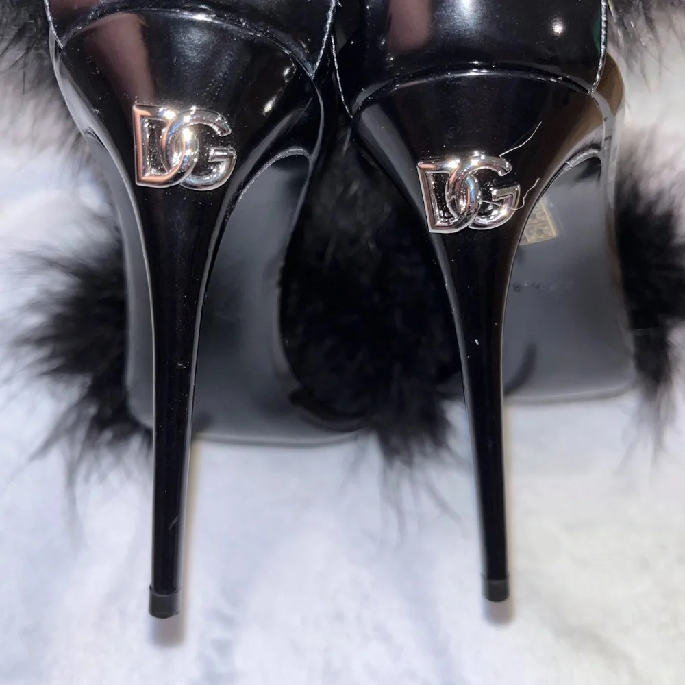 DOLCE & GABBANA Keira sandal heel black feather EU 37 105mm leather cocktail new - Picture 9 of 10